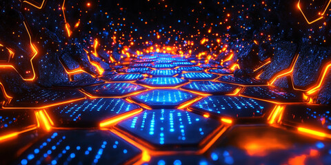 Creative blue hexagonal background with binary code. Technology, design and landing page concept