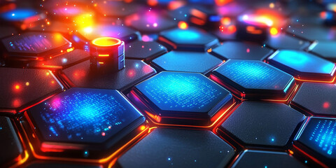 Creative blue hexagonal background with binary code. Technology, design and landing page concept