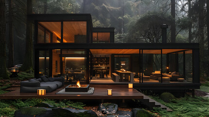 Poster - Modern Glass Cabin in the Woods - Photo