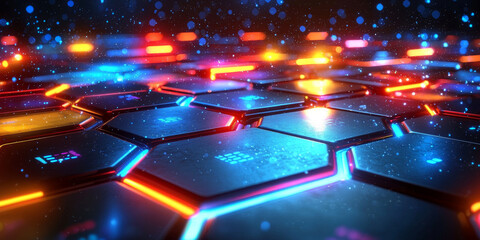 Creative blue hexagonal background with binary code. Technology, design and landing page concept