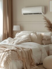 Poster - A stylish and inviting living room features a wall-mounted air conditioner, plush textiles, and warm, natural light enhancing its cozy atmosphere. Generative AI