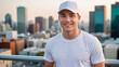 © QuoDesign - Young man wearing white t-shirt and white baseball cap standing on cityscape background
