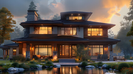 Canvas Print - Modern House with Pond at Sunset - 3D Illustration