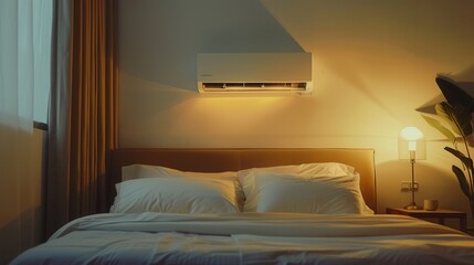 Fototapete - The stylish living room features a mounted air conditioner, soft bedding, warm lighting, and elegant decor, creating a cozy and inviting ambiance. Generative AI
