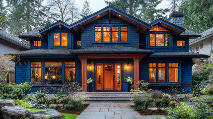 Wall Mural - Blue house with warm lighting and stone path.