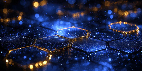 Creative blue hexagonal background with binary code. Technology, design and landing page concept