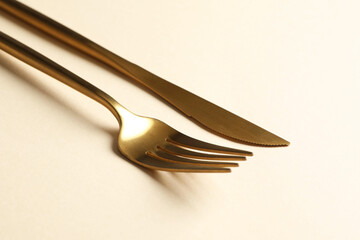 Wall Mural - Stylish golden cutlery. Fork and knife on beige background