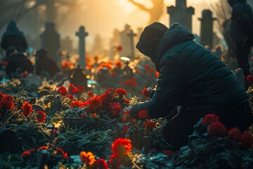 Older woman decorating with red chrysanthemums the tomb of her deceased.All Saints Day.