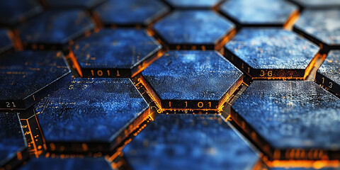 Creative blue hexagonal background with binary code. Technology, design and landing page concept