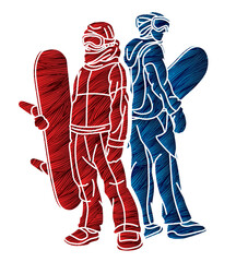 Wall Mural - Extreme Sport Snowboard Players Mix Action Graffiti Snowboarder Cartoon Graphic Vector