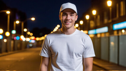 Wall Mural - Young man wearing white t-shirt and white baseball cap standing on the street at night