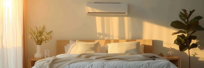 Poster - A contemporary living room features a wall-mounted air conditioner, soft furnishings, and warm sunlight streaming through large windows, creating an inviting atmosphere. Generative AI
