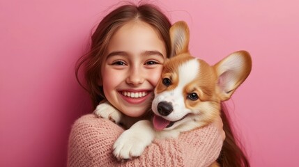 A girl is holding a small dog and smiling