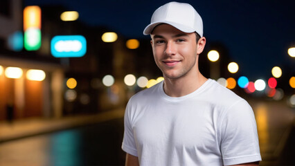 Wall Mural - Young man wearing white t-shirt and white baseball cap standing on the street at night