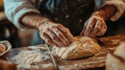 A baker is making bread dough on a table with other baked goods