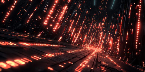 Digital binary code data streaming on a dark background