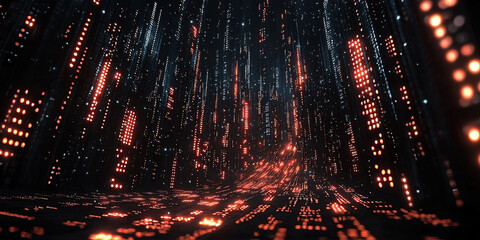 Digital binary code data streaming on a dark background