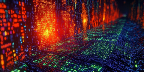 Digital binary code data streaming on a dark background