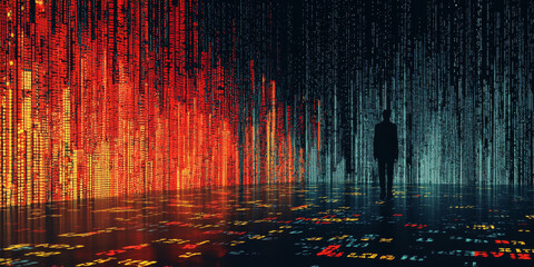 Digital binary code data streaming on a dark background