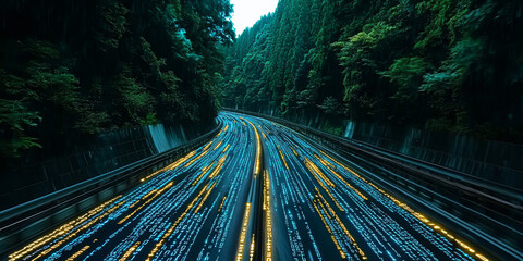 Digital binary code data streaming on a dark background