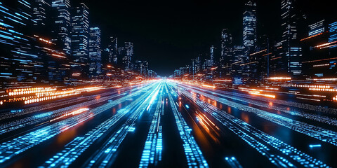 Digital binary code data streaming on a dark background