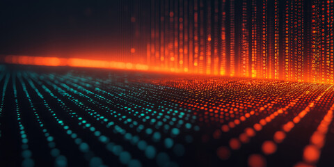 Digital binary code data streaming on a dark background