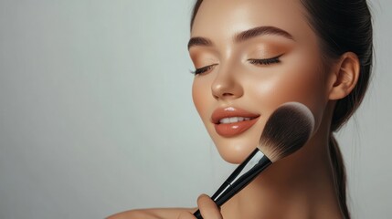 A woman is holding a makeup brush and smiling