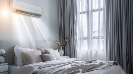 Poster - A contemporary living room features an air conditioner on the wall, elegant curtains, and soft natural light illuminating the cozy space. Generative AI
