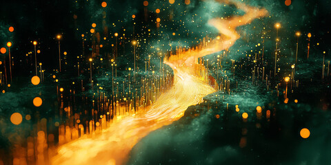 Digital binary code data streaming on a dark background