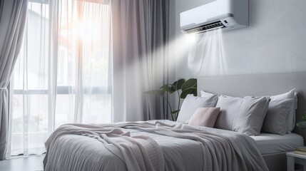 Aufkleber - A modern living area features an air conditioner above a cozy seating arrangement, illuminated by sunlight streaming through large windows. Generative AI