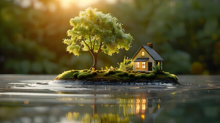 Canvas Print - Miniature House on an Island in a Lake Illustration