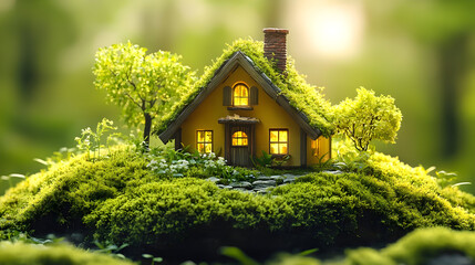 Canvas Print - Enchanted Mossy Cottage Illustration