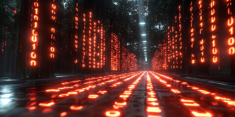 Digital binary code data streaming on a dark background