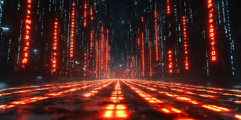 Digital binary code data streaming on a dark background