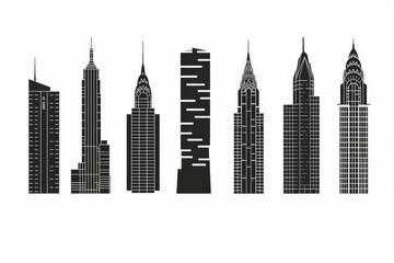 Wall Mural - Flat black skyscrapers and building silhouettes icon logo, architecture line icons illustration on a white background