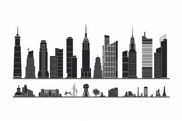 Wall Mural - Flat black skyscrapers and building silhouettes icon logo, architecture line icons illustration on a white background