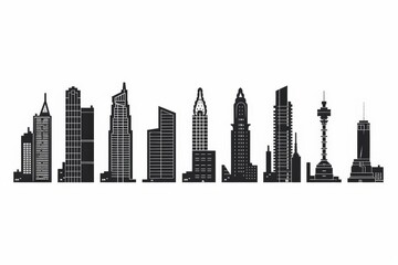 Wall Mural - Flat black skyscrapers and building silhouettes icon logo, architecture line icons illustration on a white background