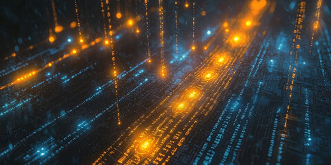 Digital binary code data streaming on a dark background