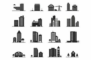 Wall Mural - Set of Architecture city buildings silhouette icon logo and city skyscraper vector illustration on white background