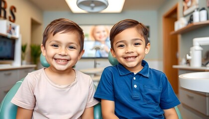 Two child friends smiling in dental clinic for advertising photography