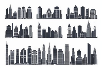 Wall Mural - Set of Architecture city buildings silhouette icon logo and city skyscraper vector illustration on white background