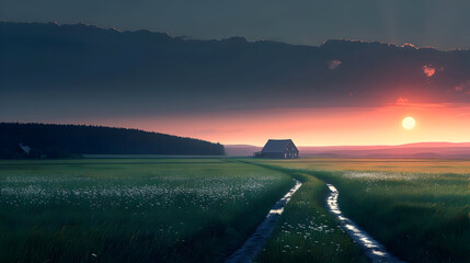 Poster - Sunset Over Field with Farmhouse - Landscape Photo