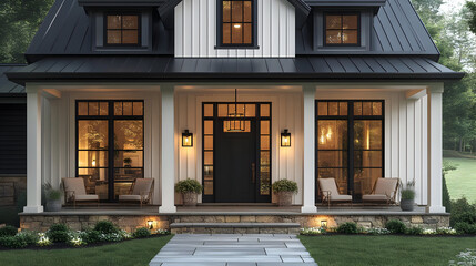 Canvas Print - Modern Farmhouse Entrance with Stone Steps and Lantern Lights 3D Illustration