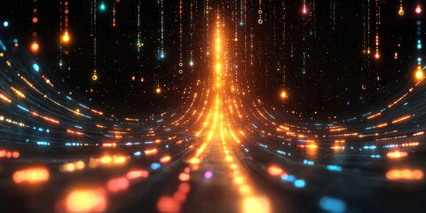Digital binary code data streaming on a dark background