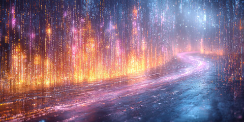 Digital binary code data streaming on a dark background