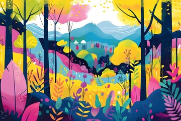 Wall Mural - colorful forest landscape vector.