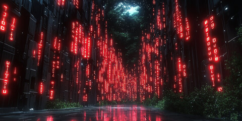 Digital binary code data streaming on a dark background