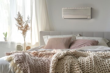 Aufkleber - A stylish living room features a cozy bed adorned with soft pillows and a warm blanket, complemented by an air conditioner for comfort. Generative AI