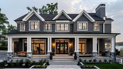 Poster - Modern Black and White House Exterior with Porch - Photo