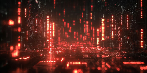 Digital binary code data streaming on a dark background